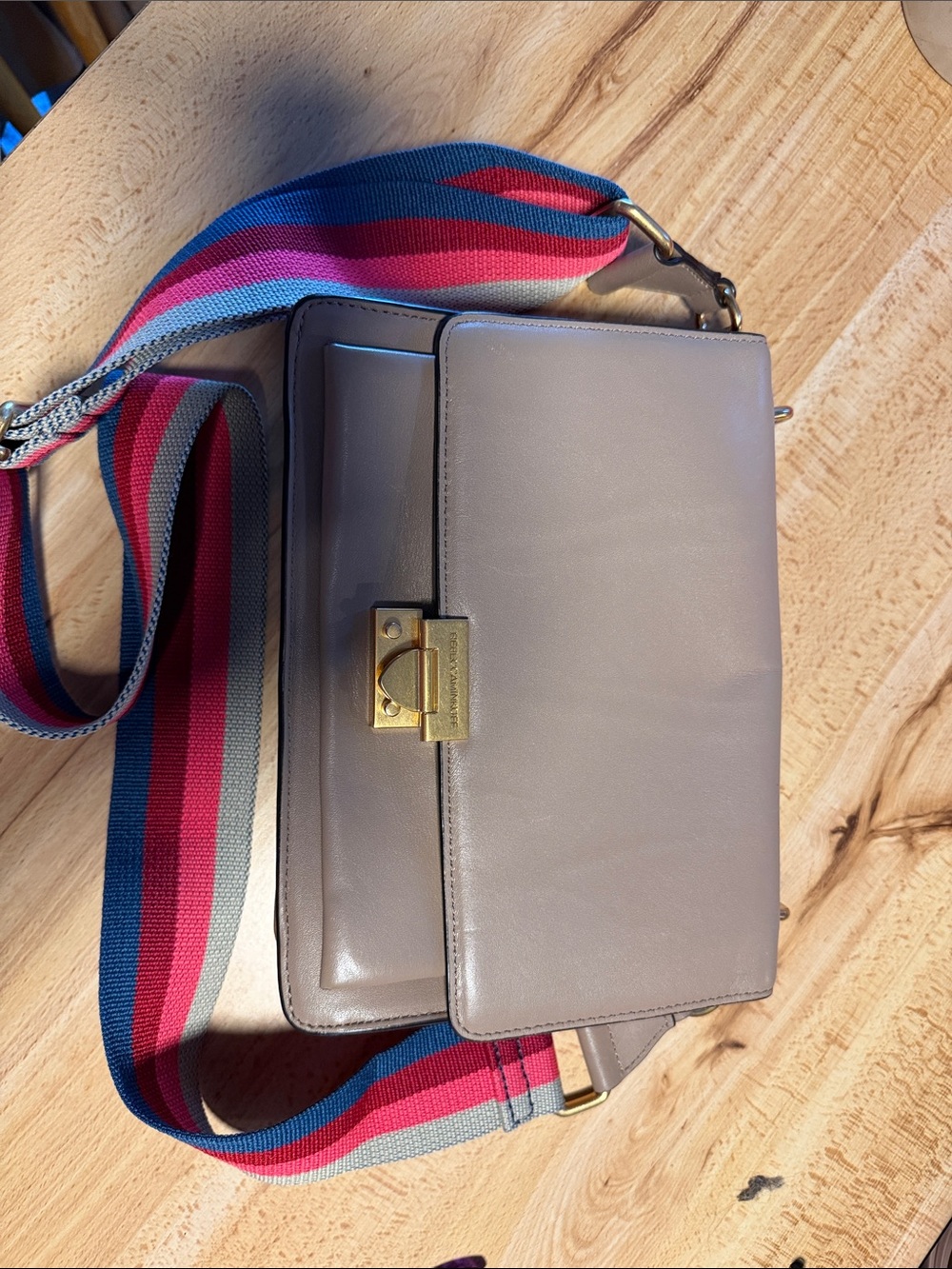 Rebecca Minkoff taupe leather crossbody with gold hardware